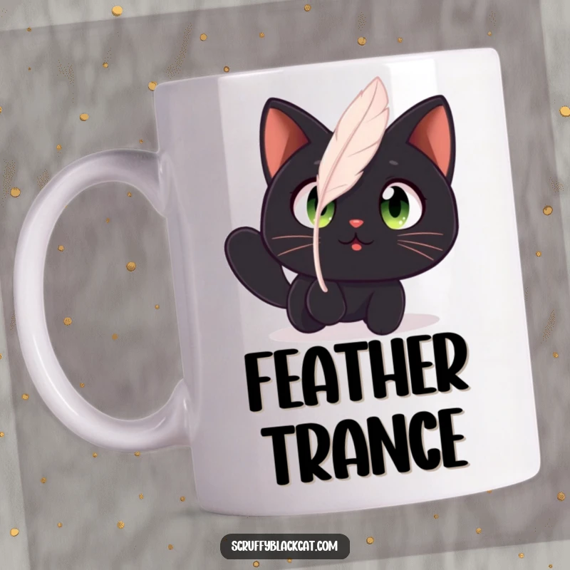 Funny cat mug featuring a black cat with wide, amazed eyes captivated by a floating feather, showing pure curiosity.