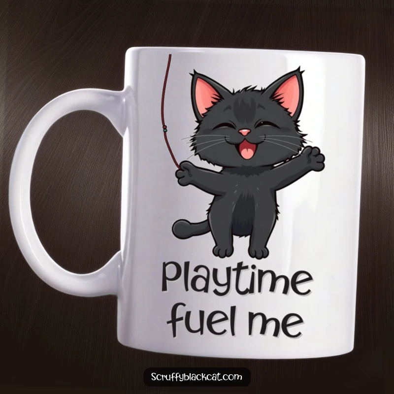 Funny Cat Mug featuring a scruffy black cat joyfully batting at a dangling string, capturing playful energy.