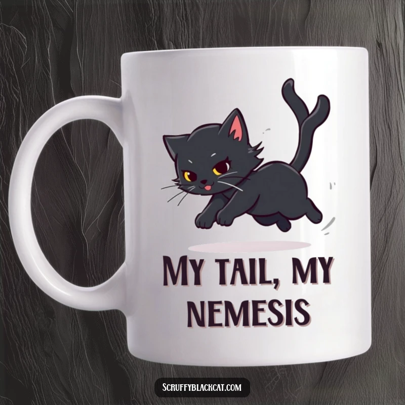 Funny Cat Mug showing a black cat chasing its tail at dizzying speed, capturing playful energy and humor, a great cat lover gift.