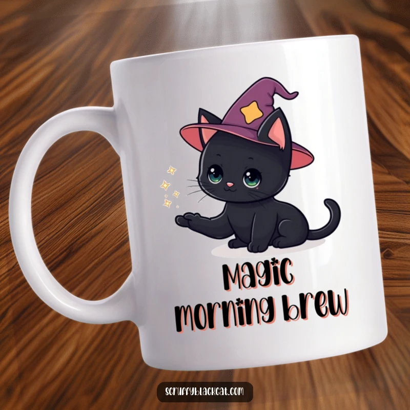 Funny cat mug showing a black cat in a tiny wizard hat conjuring a sparkly magic puff, full of enchantment.