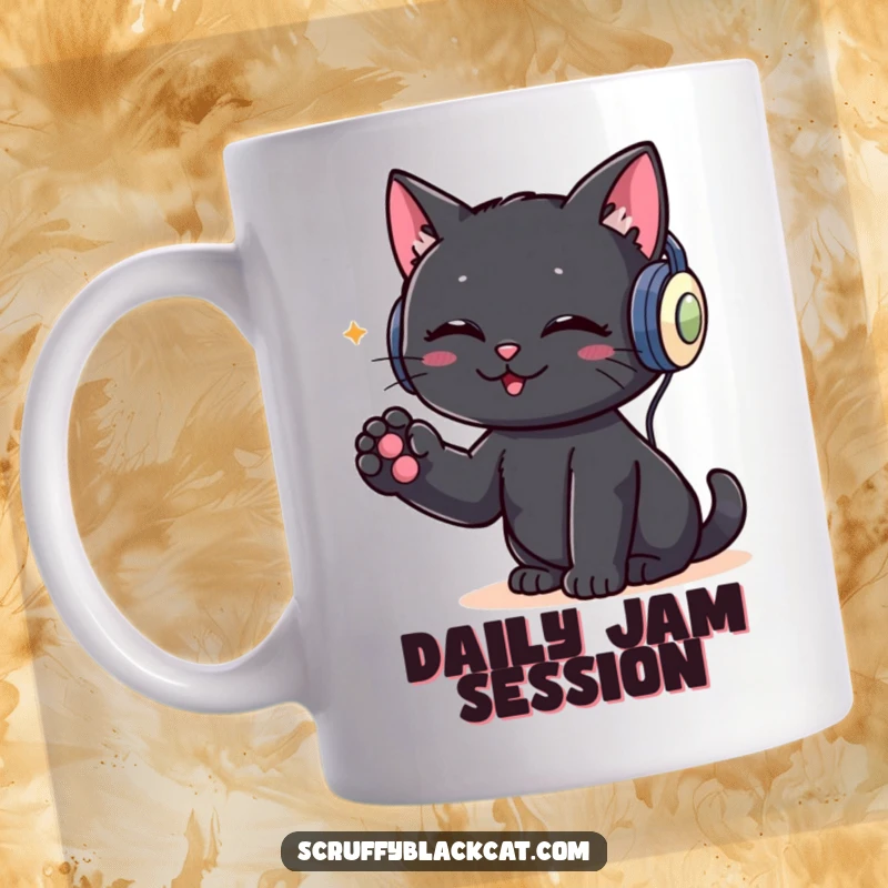 Funny mug with a black cat wearing headphones, looking focused and groovy as it taps its paw to an unheard beat.