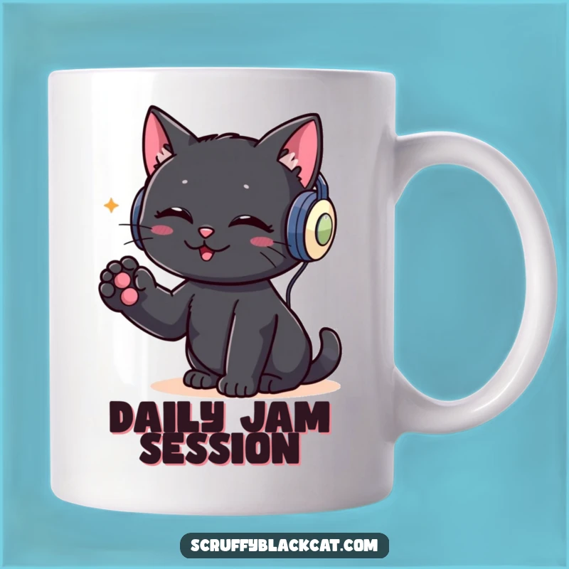 Funny DJ Cat Mug: Black Cat Grooving with Headphones, Music Lover Gift