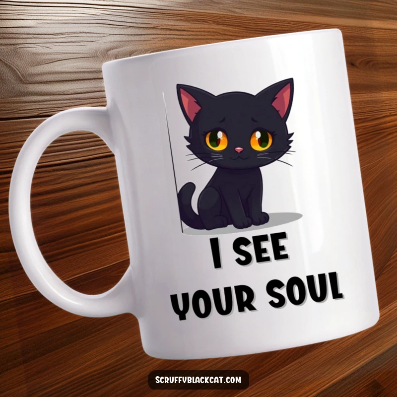 Funny black cat mug with intense, glowing eyes peering mysteriously from a dark, shadowy corner, perfect for cat lovers.