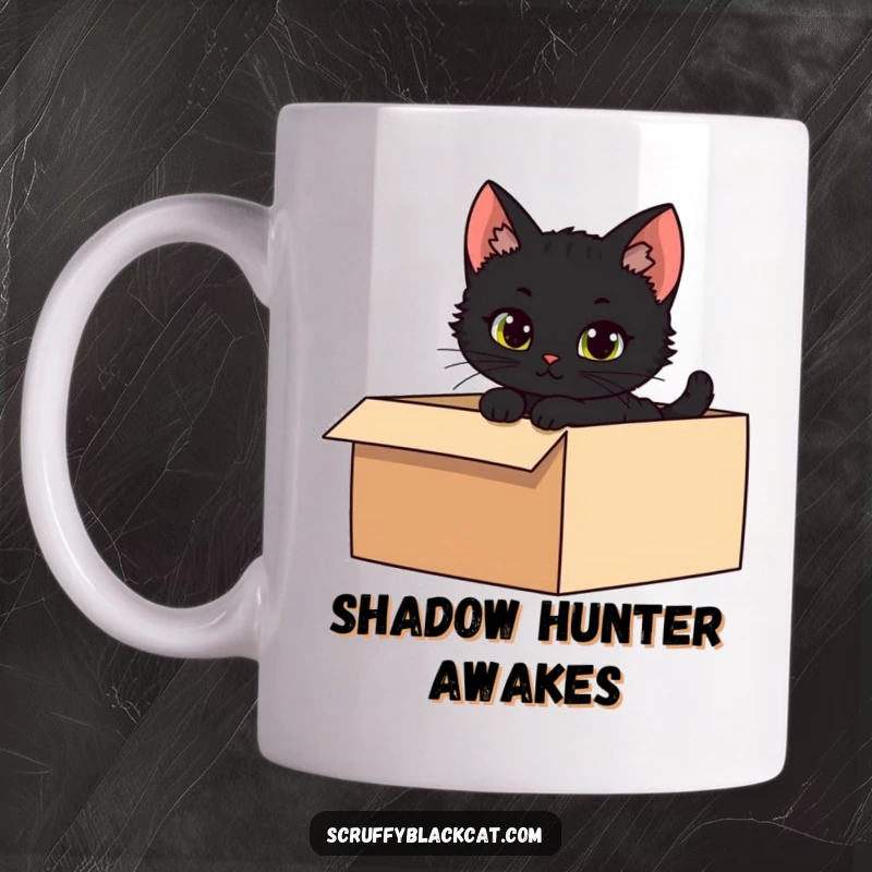 Funny mug featuring a mischievous black kitten peeking curiously from the shadows of a dark box.