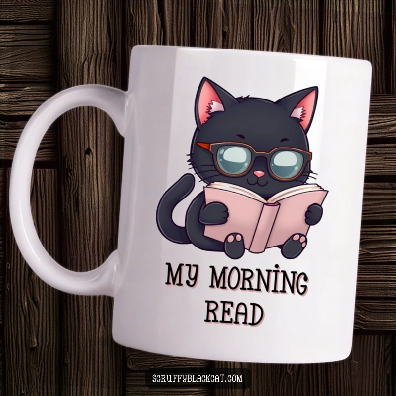 Funny Scholar Cat Mug: A black cat wearing tiny spectacles is engrossed in a book, a witty and funny gift.
