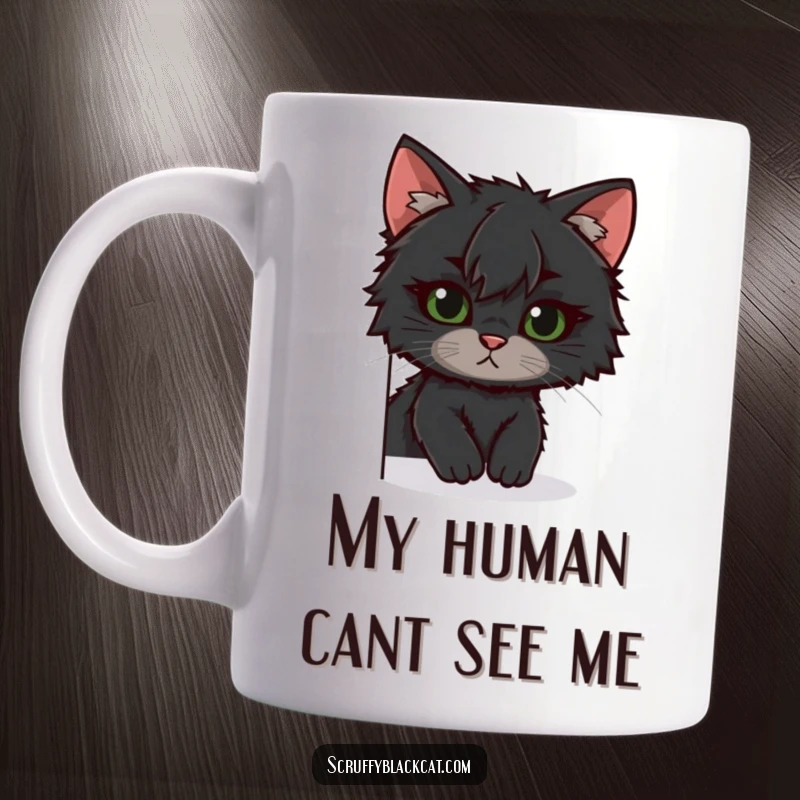 Funny black cat mug with one ear askew, playfully peeking around corner, embodying curiosity and mischief, a perfect gift.