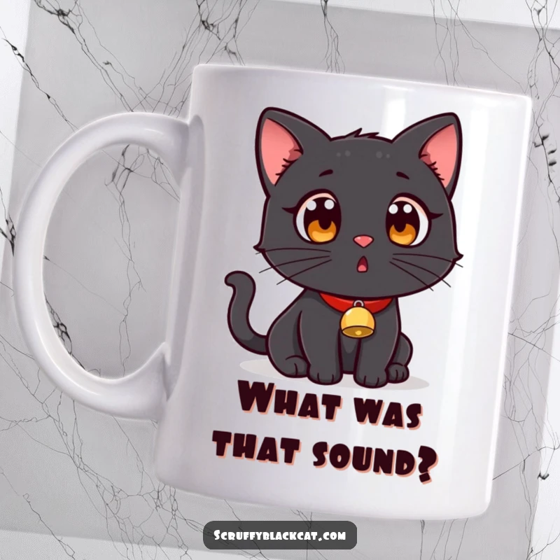 Funny black cat wearing a tiny bell collar, looking wide-eyed and surprised on a mug.