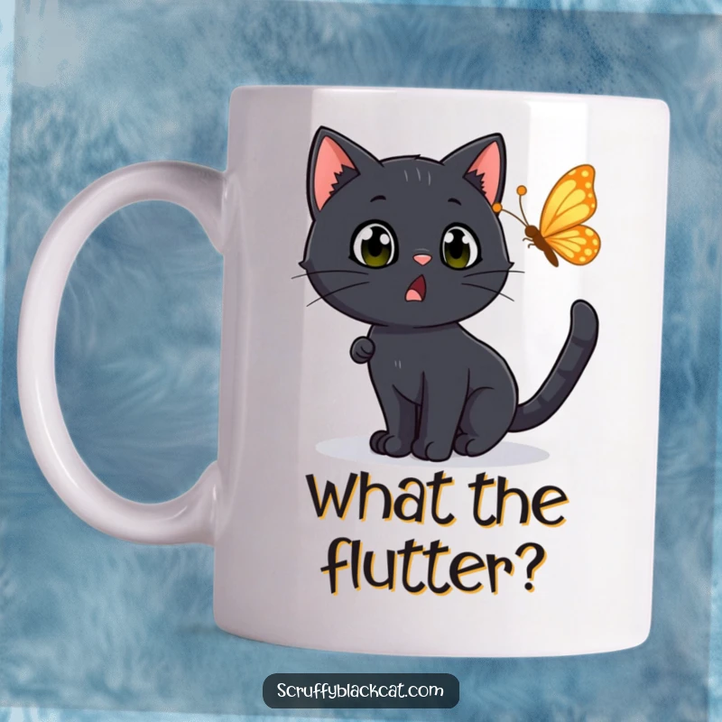 Funny Mug: A black cat with a surprised, wide-eyed expression playfully chasing a fluttering butterfly, full of innocent excitement.