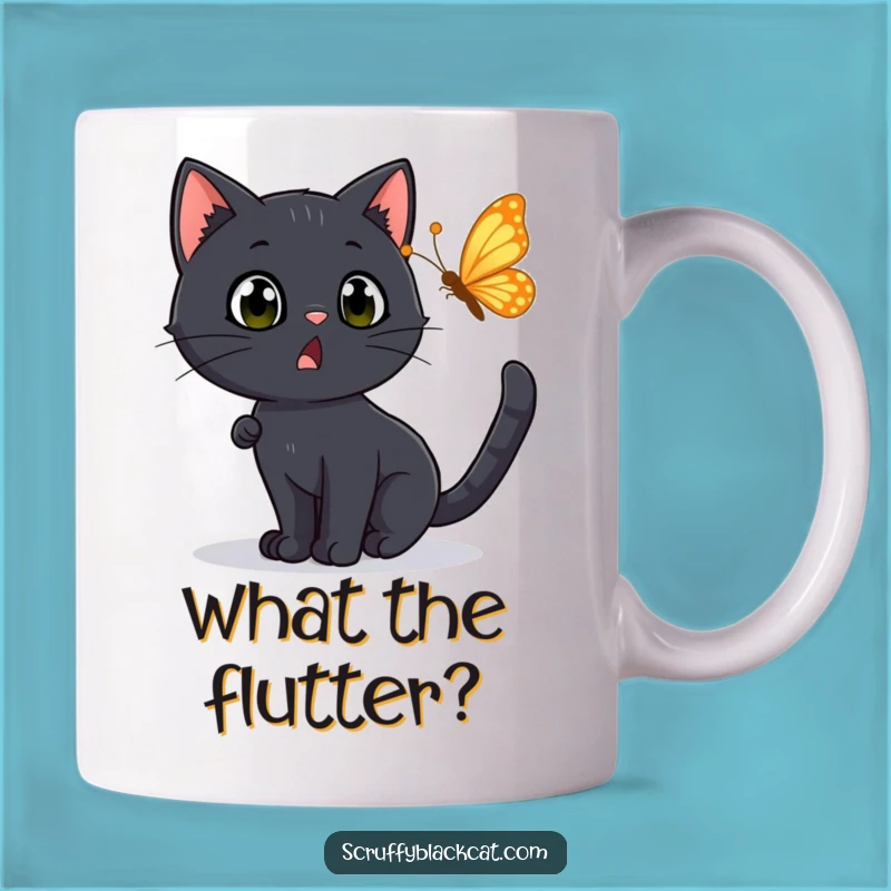 Funny Surprised Cat Mug: Black Cat Chasing Butterfly, Shocked & Amused Funny Gift
