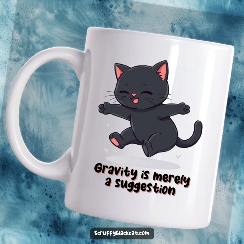 Funny black cat mug showing a clumsy feline mid-leap, failing spectacularly with a soft thud, perfect for humor lovers.