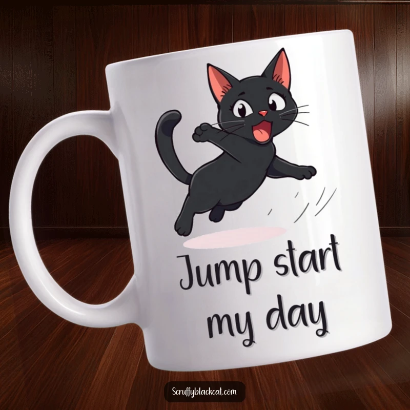 Funny Cat Mug showing a startled black cat comically leaping due to an unexpected rustle, capturing sudden surprise.