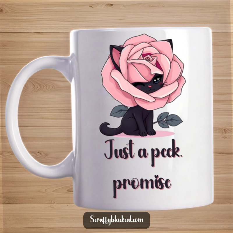 Funny black cat mug featuring a shy feline peeking from behind a dark, blooming gothic rose, embodying a whimsical and mysterious vibe.