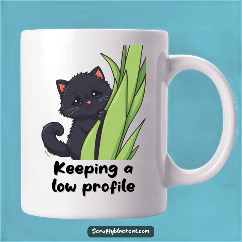 Funny Peek-a-Boo Cat Mug: Fluffy Black Cat Behind Plant, Cute & Funny Gift