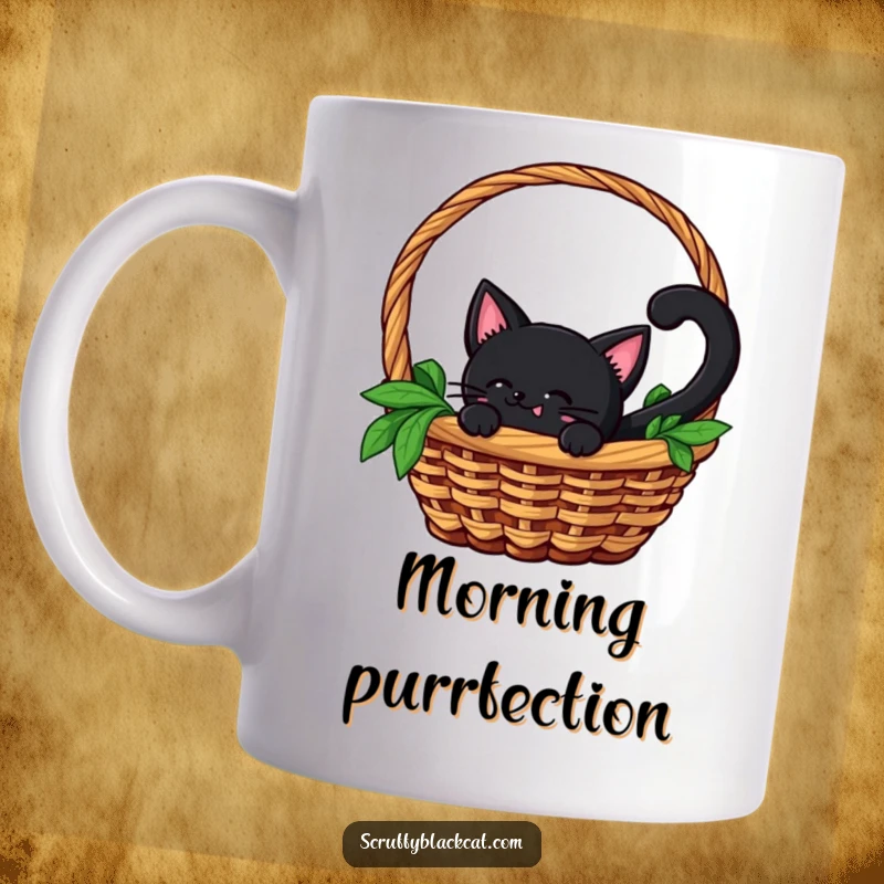 Funny mug showcasing a black cat with a wagging tail peeking adorably out of a woven basket, inviting play and curiosity.