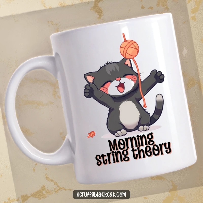 Funny scruffy black cat mug, playfully batting at a dangling yarn ball, eyes full of delight, a comical design.