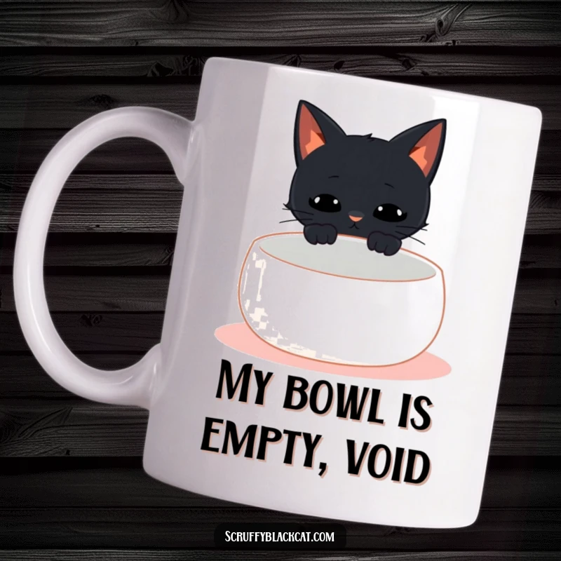 Funny black cat mug showing a cat meowing at an empty food bowl, expressing hunger with humorous expectation.