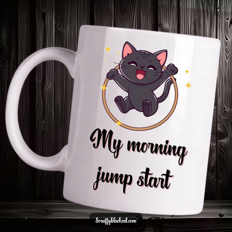 Funny Black Cat Mug: Mischievous feline artistically leaping through a sparkly hoop mid-air with a triumphant meow expression.