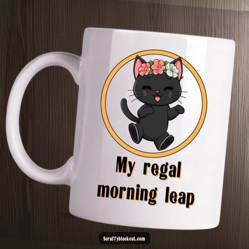 Funny black cat in a flower crown joyfully jumping through a hoop, captured in a playful, energetic design perfect for cat enthusiasts.