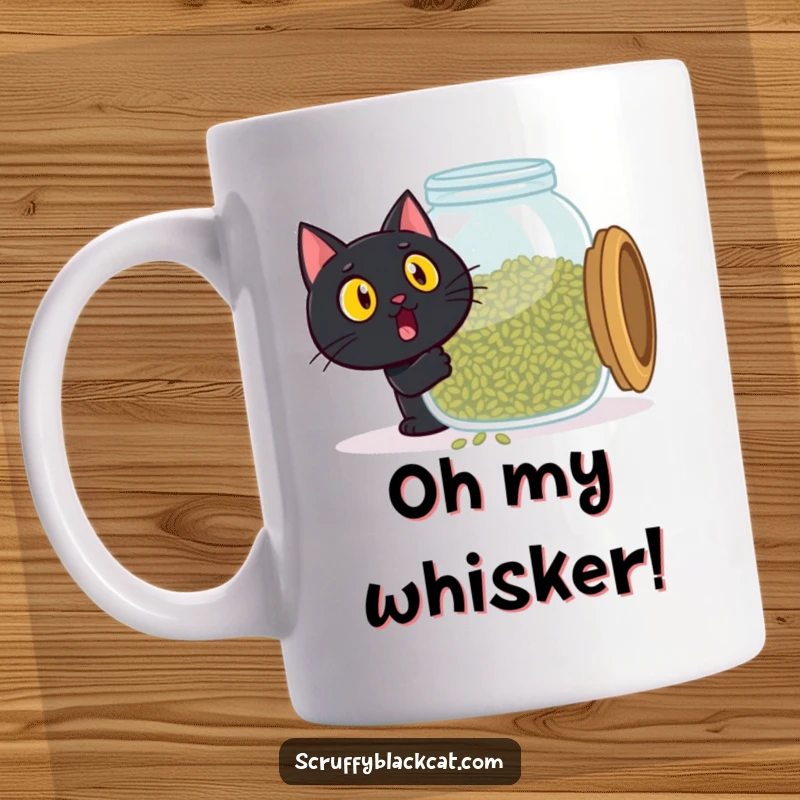 Funny black cat mug, surprised expression, opening giant catnip jar, pure feline ecstasy captured, perfect funny gift.
