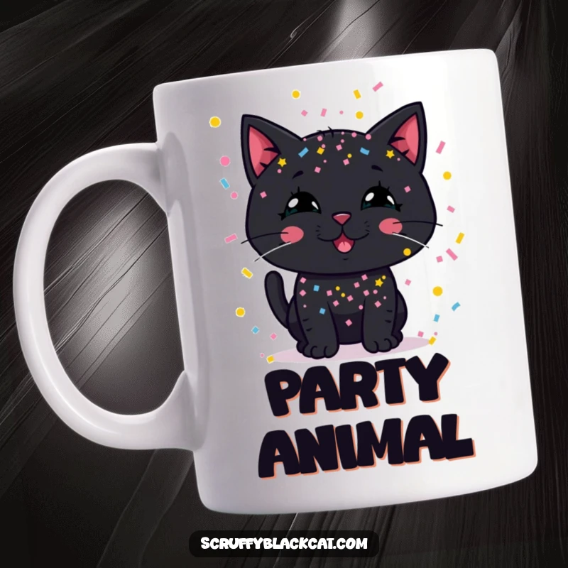 Funny mug: A black cat with a huge silly grin is covered head-to-toe in colorful party confetti.