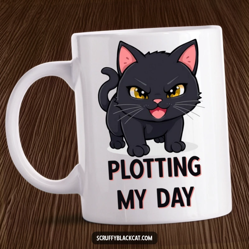 Funny Black Cat Mug: A black cat with a sly, mischievous grin crouches low, coiled and ready to pounce with playful intent.