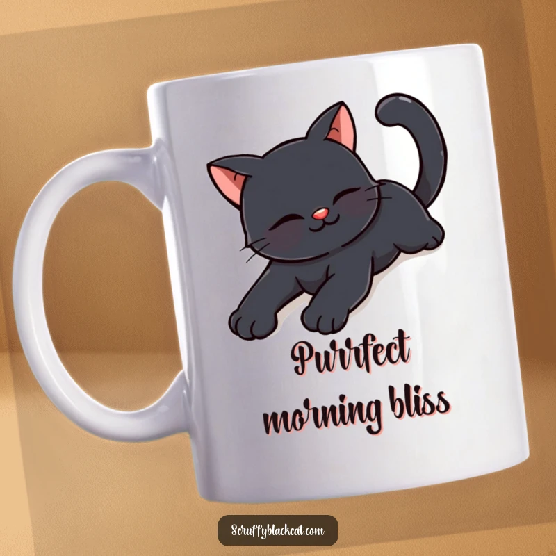 Funny happy black cat mug showing a cat stretching languidly with a tiny, contented smile, radiating pure bliss.