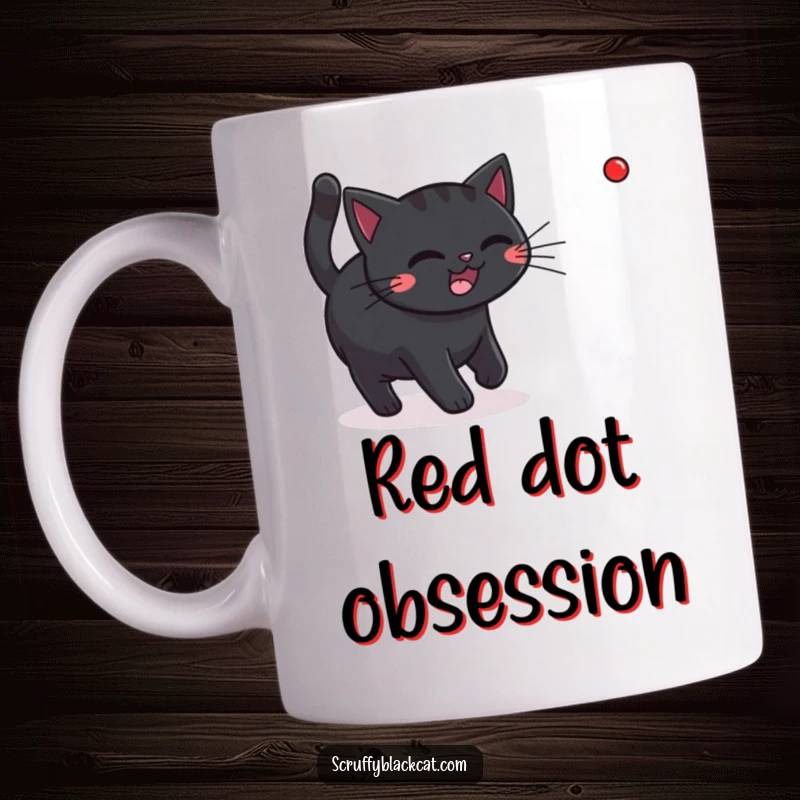 Funny black cat joyfully chasing a bright red laser dot across a mug, illustrating pure feline excitement.
