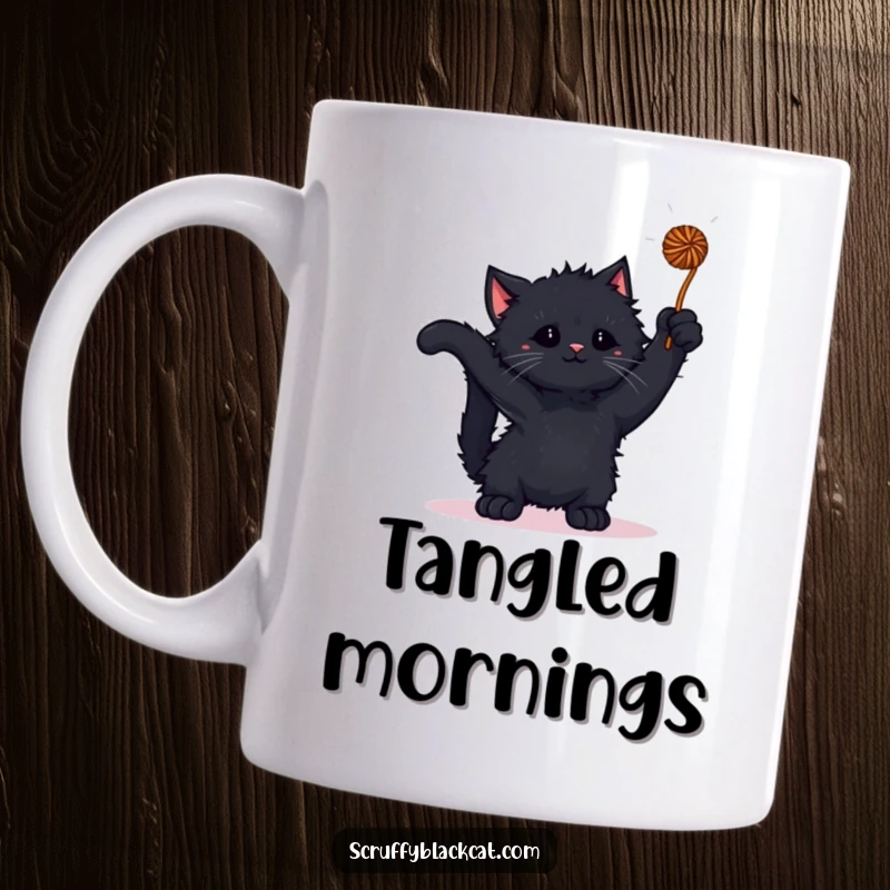 Funny kitten mug showing a scruffy black kitten playfully batting at a dangling yarn ball, full of mischief.