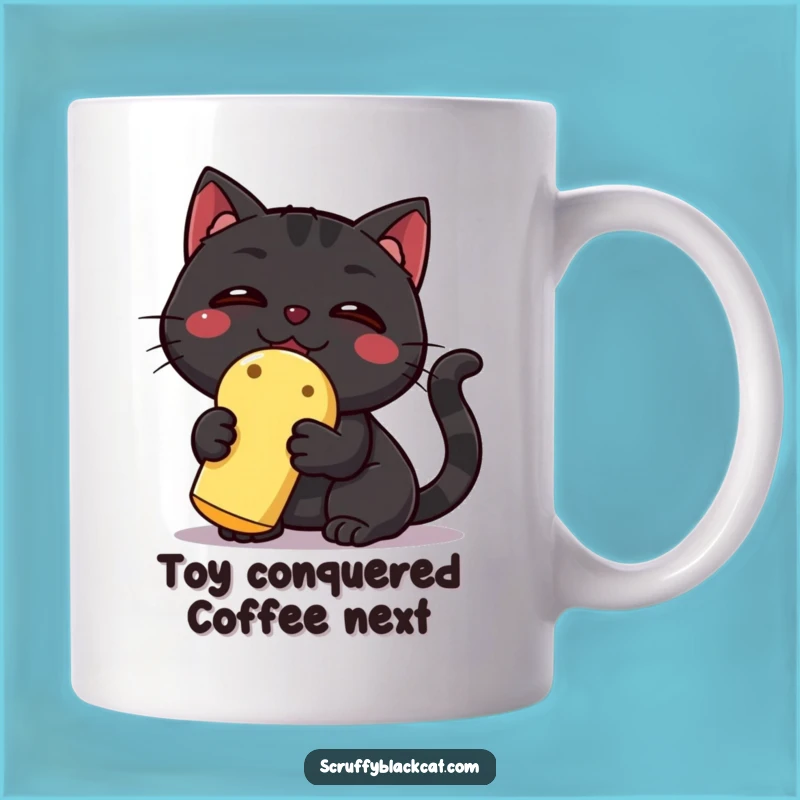 Funny Black Cat Triumph Mug: A Hilarious Gift for Cat Lovers Showing Off a Squeaky Toy Victory