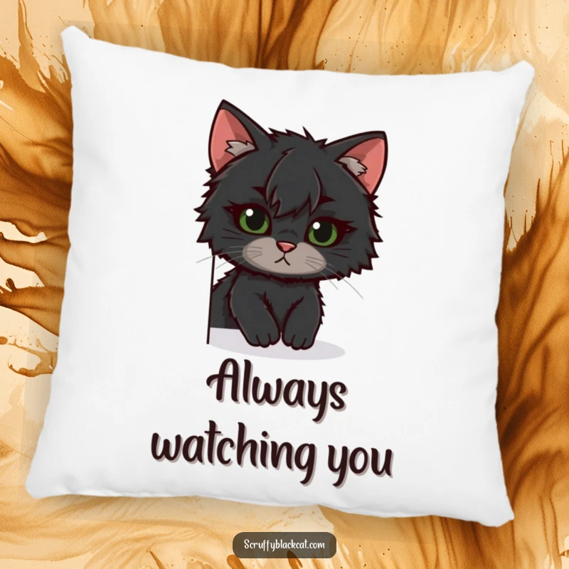 Funny scruffy black cat pillow, peeking with one ear askew, creating a cozy and humorous accent for any room.