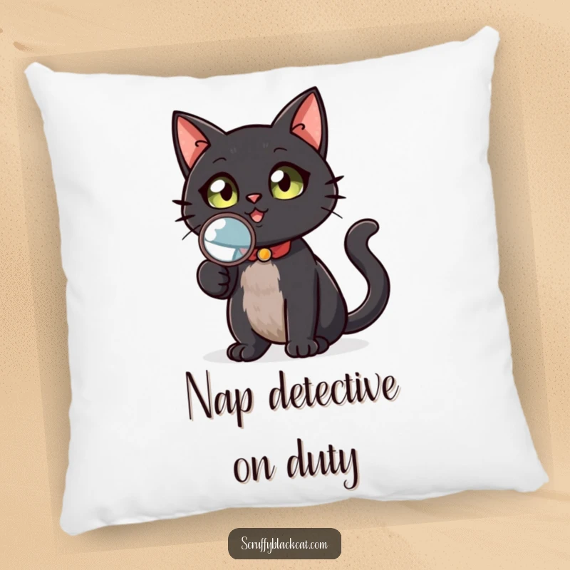 Funny black cat detective pillow, holding a magnifying glass, looking up thoughtfully, a soft and humorous decor item for cat lovers, a charming gift.