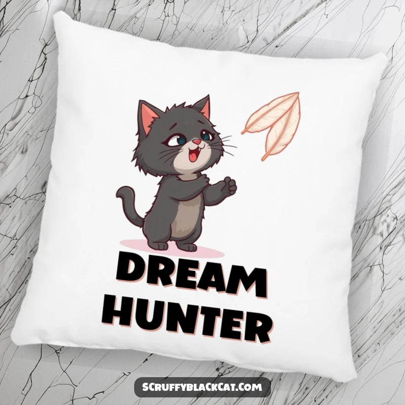 Funny pillow featuring a scruffy black cat intensely focused on playfully batting a feather toy.