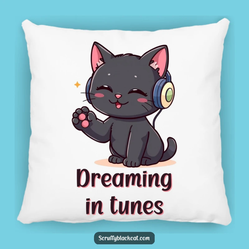 Funny DJ Cat Pillow: Black Cat Headphones, Comfy Music Gift