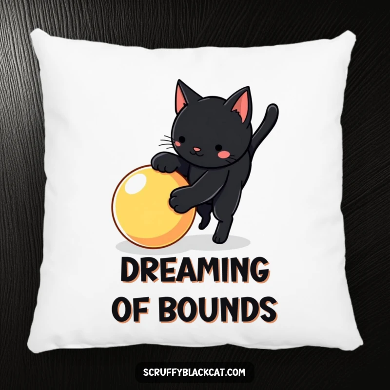 Funny cat pillow with a black cat in a playful pounce over a bouncy ball, soft and energetic.