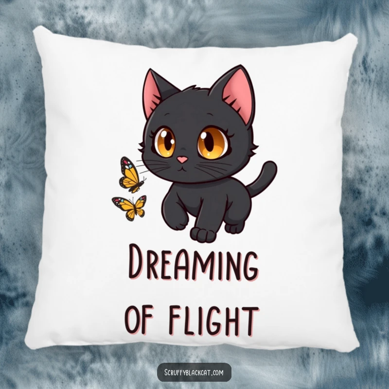 Funny black cat with curious eyes chasing a butterfly, depicted on a soft, decorative pillow.