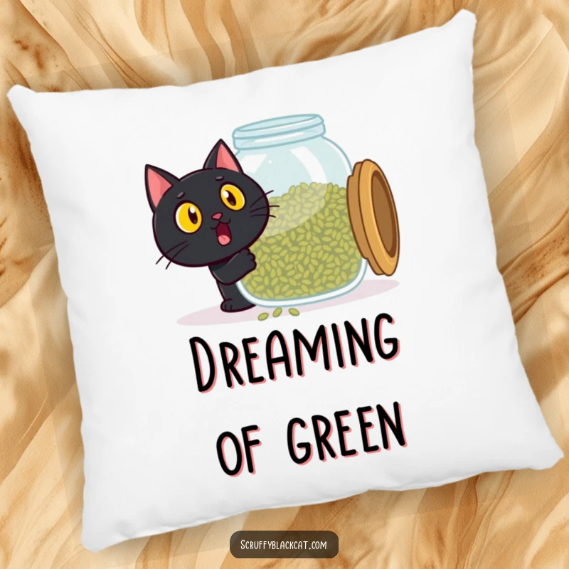 Funny black cat pillow, surprised face, opening a giant catnip jar, conveying pure excitement, comfortable and hilarious decor.