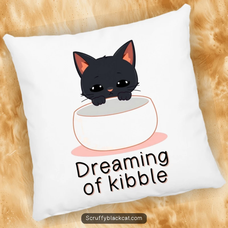 Funny black cat pillow featuring a cat meowing at an empty bowl, offering comfort and humor about feline hunger.