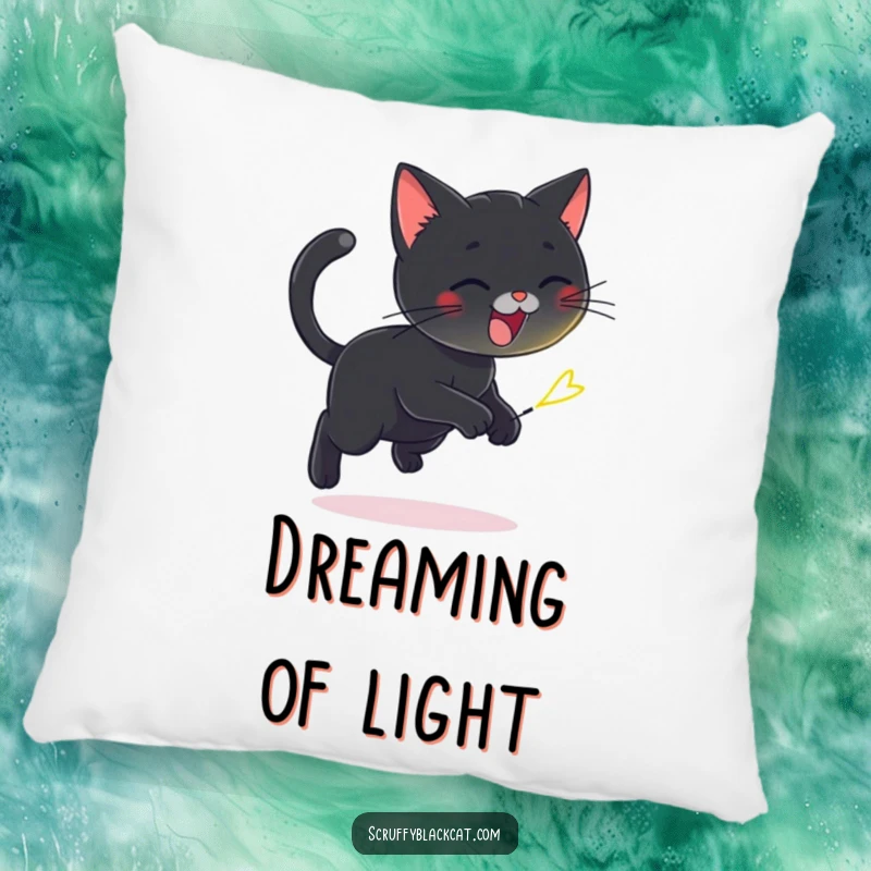 Funny decorative pillow with a playful black cat chasing a tiny, flickering firefly, offering soft comfort and whimsical humor.