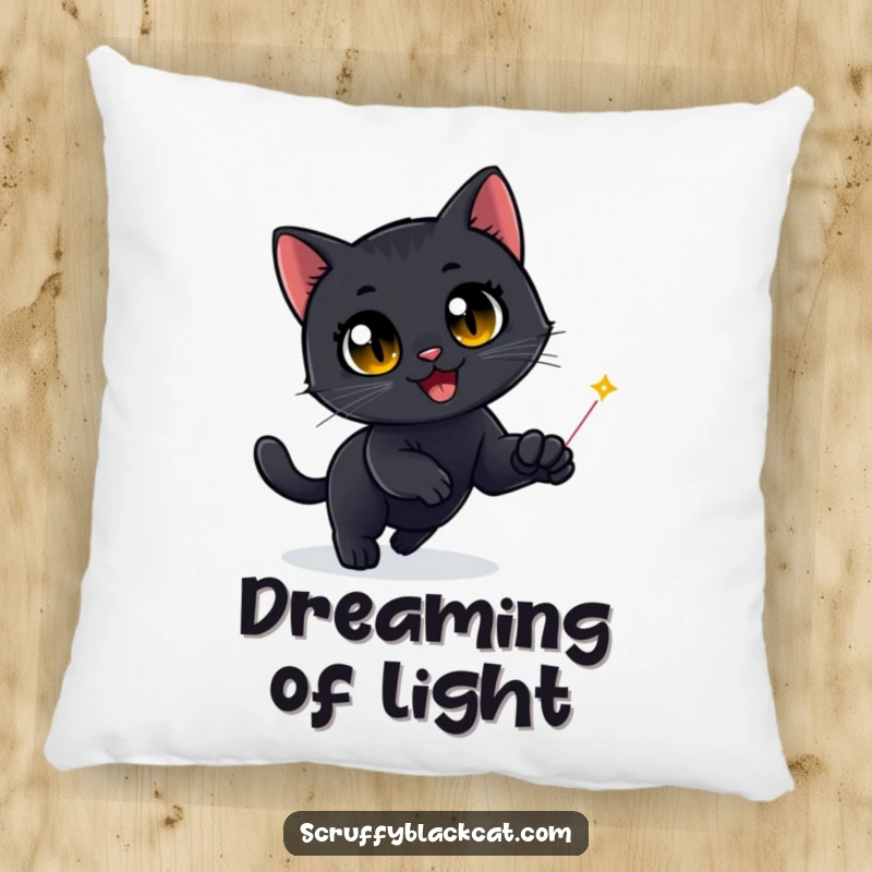 Funny Black Cat Pillow: A black cat, eyes wide with playful fervor, chases a laser dot, adding a touch of humor to any room.