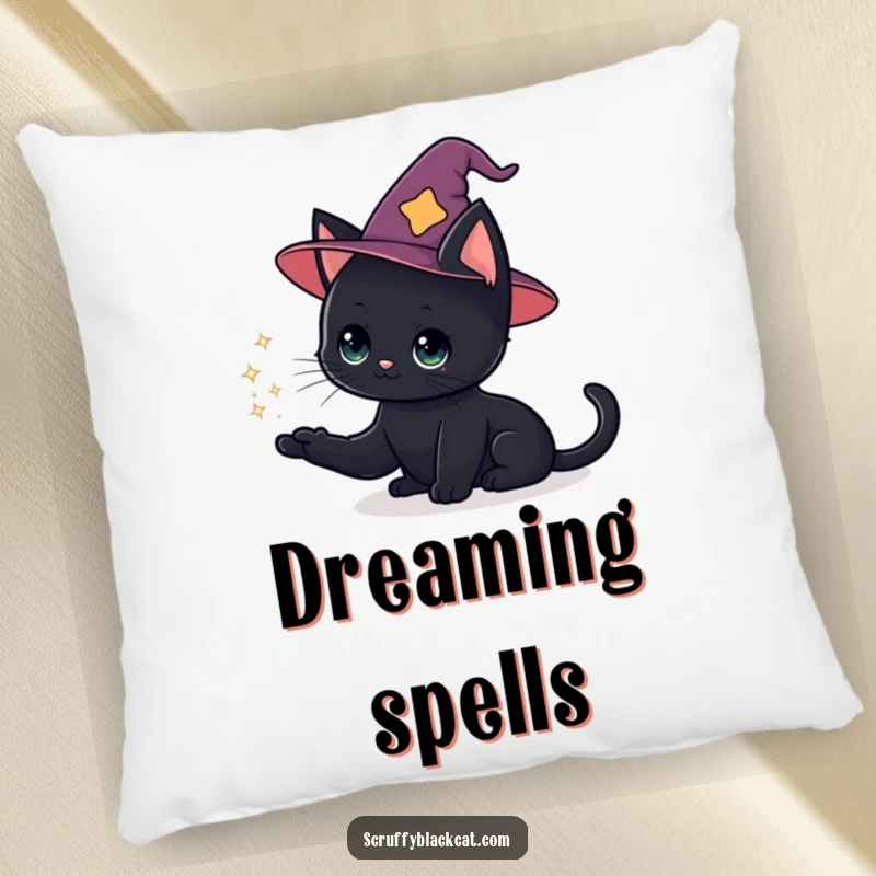 Funny cat pillow with a black cat in a wizard hat conjuring a sparkly puff, soft and enchanting.