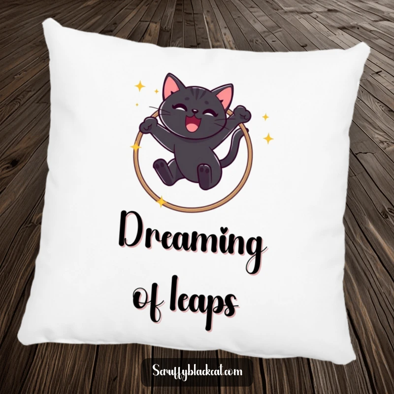 Funny Black Cat Pillow: Soft cushion featuring a mischievous cat successfully leaping through a sparkly hoop with a triumphant meow.