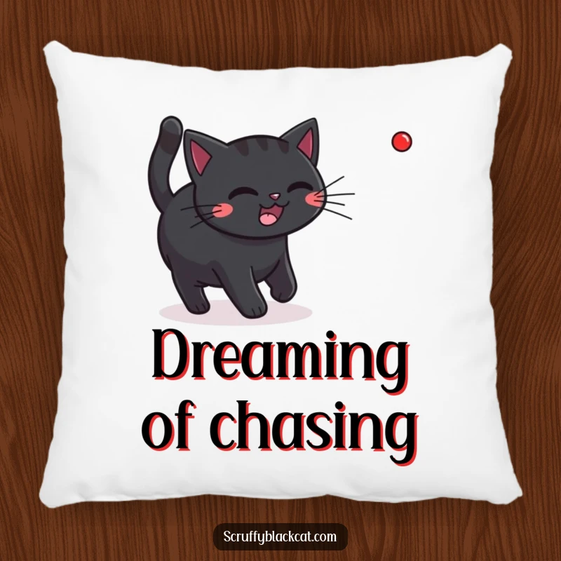 Funny black cat diving for a red laser dot, printed on a comfortable and decorative pillow.