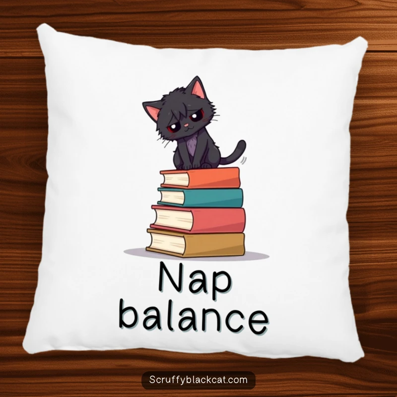 Funny pillow featuring a scruffy black cat balancing on a teetering pile of books.
