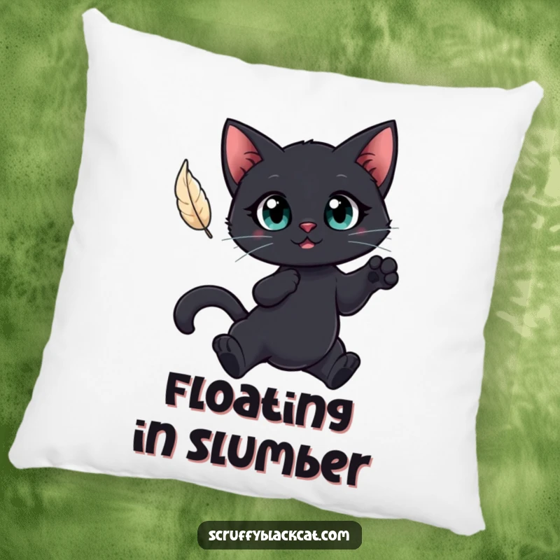 Funny pillow featuring a big-eyed black cat leaping for a feather, offering cozy comfort and humorous feline focus.