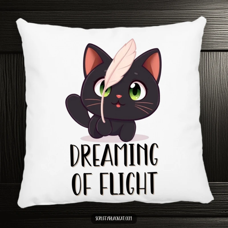 Funny cat pillow with a black cat having wide, amazed eyes watching a floating feather, soft and cozy.