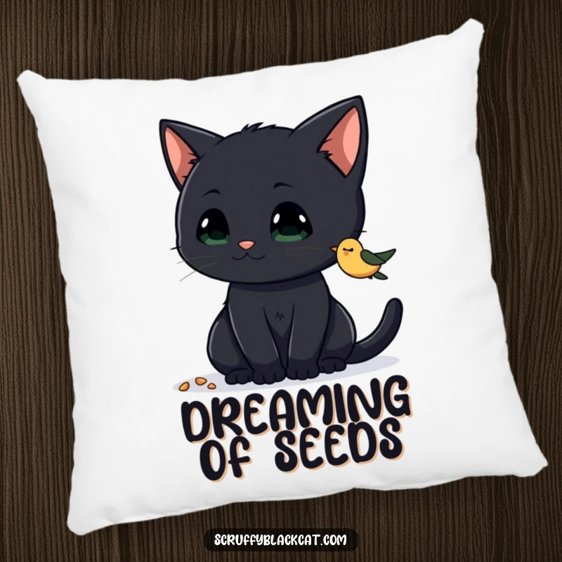 Funny Cat Pillow featuring a curious black cat intently eyeing birdseed, offering comfort and humorous feline focus, a great funny gift.