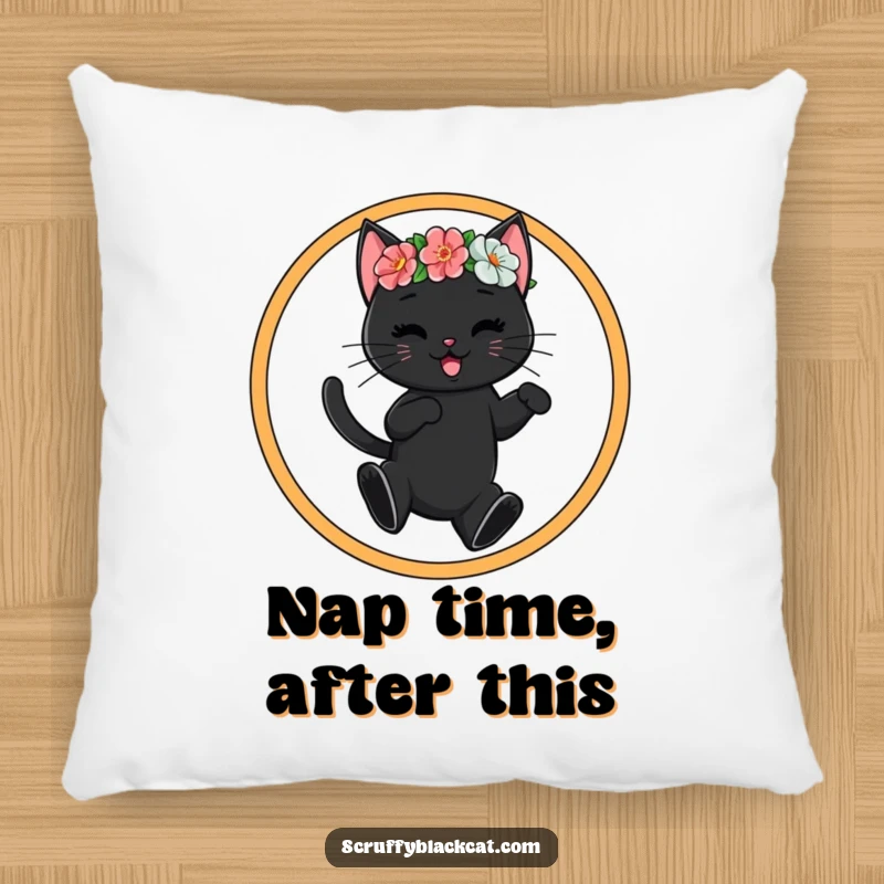 Funny black cat in a flower crown leaping through a hoop, printed on a soft pillow, bringing whimsical humor to any couch or bed.