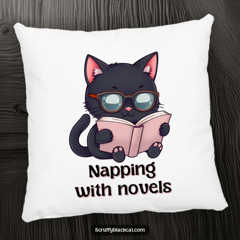 Funny Scholar Cat Pillow: Soft pillow featuring a black cat in spectacles reading, a cozy and funny gift.