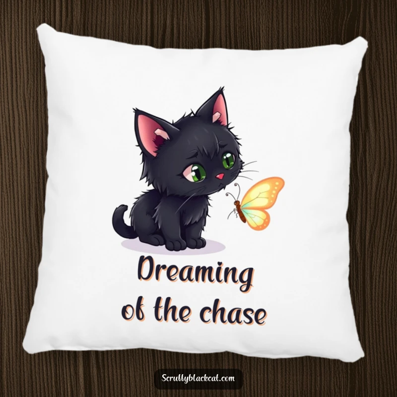 Funny pillow with a scruffy black cat preparing to pounce on a magical, shimmering butterfly, perfect for relaxation.