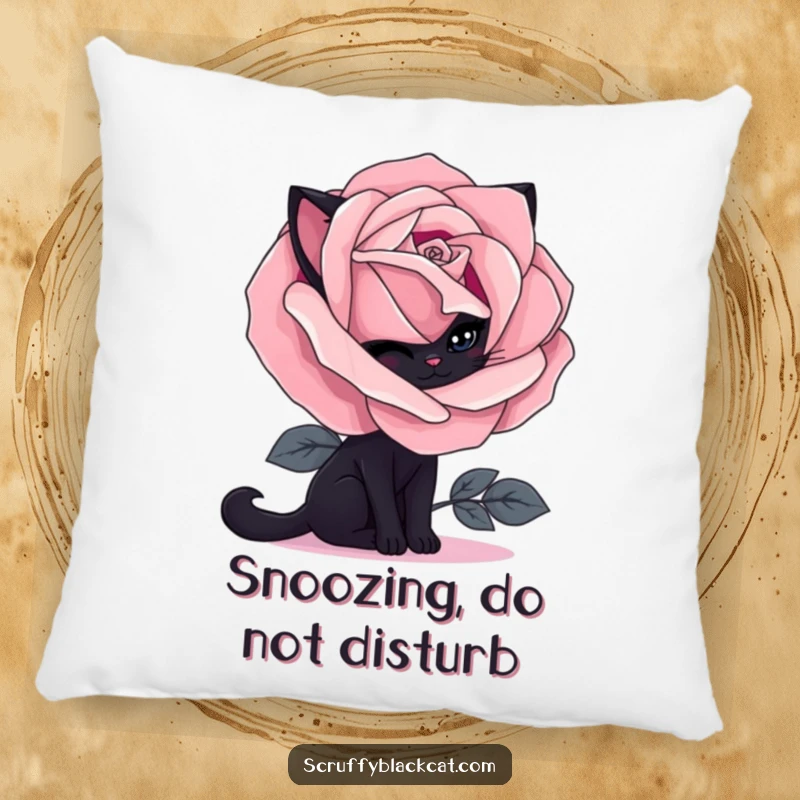 Funny black cat pillow with a shy cat peeking from behind a dark gothic rose, providing comfort and a humorous decorative touch.